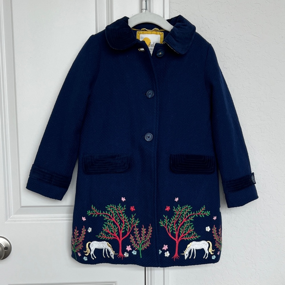 Mini Boden Navy Pea Coat with Embroidered Floral Design